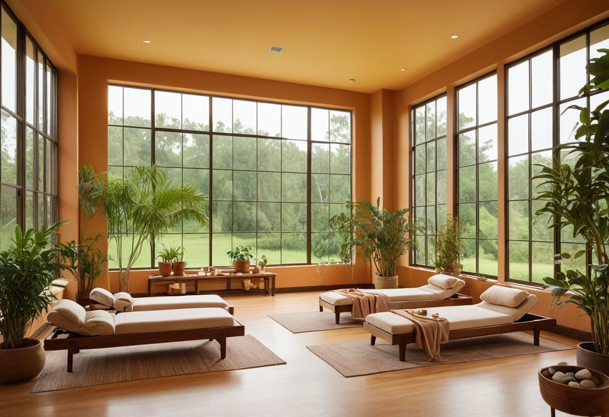 A serene wellness center interior featuring diverse holistic health services like acupuncture, yoga, and herbal medicine consultations. Soft natural lighting filters through large windows, highlighting plants and calming decor. A diverse group of people engaged in various wellness activities, radiating positivity and health, with a warm color palette. super-realistic. vibrant colors. calming atmosphere.