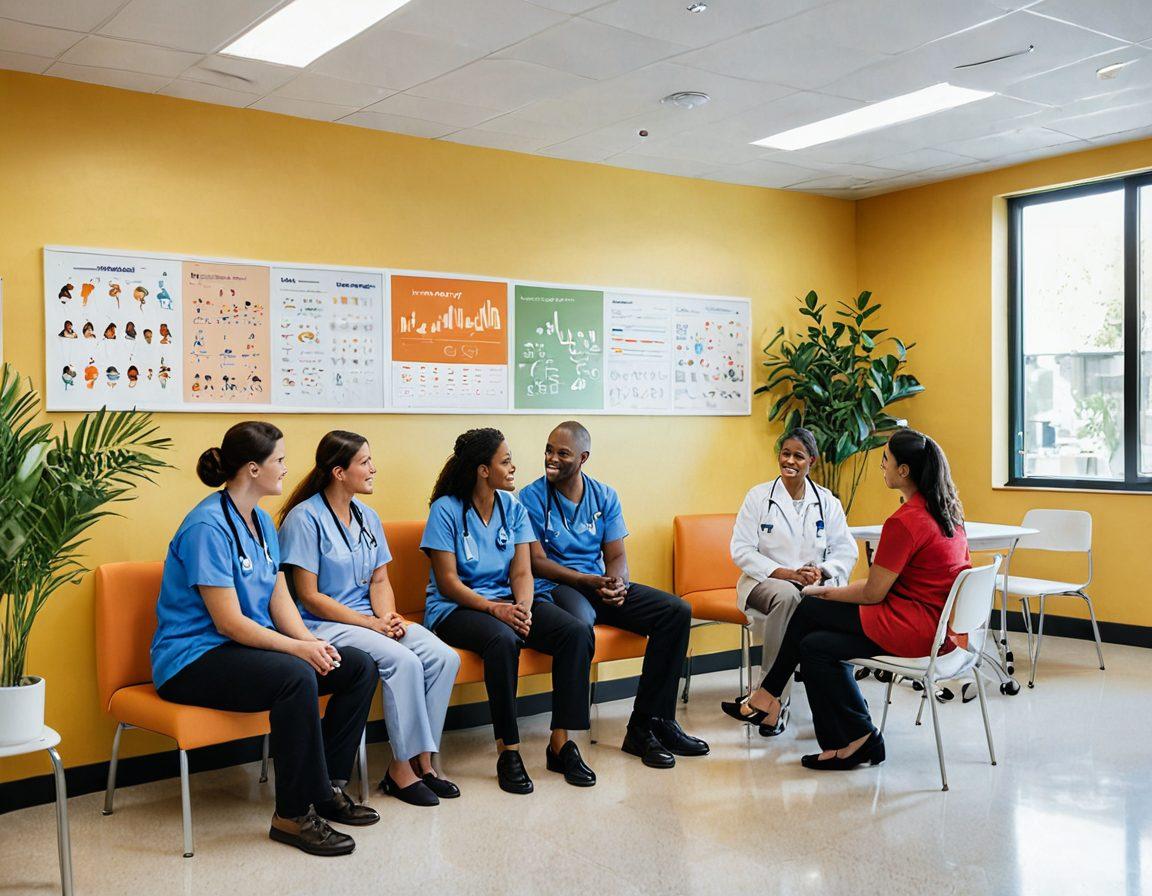 A diverse group of healthcare professionals, including doctors and nurses, interacting compassionately with patients in a bright, welcoming clinic setting. Include elements like visual charts showcasing health data, a cozy waiting area with plants, and families engaging in discussions with staff. The mood should be warm and supportive, emphasizing community and teamwork in healthcare. illustration style: vibrant colors, soft edges, and a light, inviting atmosphere.
